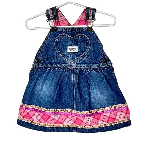 OshKosh Denim Heart Overall Dress Size 12 Months Denim/Pink - Picture 1 of 2